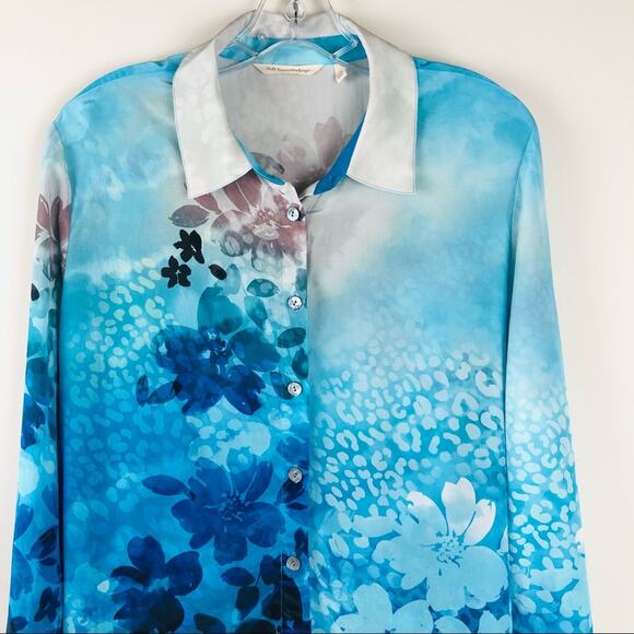 Soft Surroundings blue floral silk button top coastal preppy tropical large - Picture 2 of 9